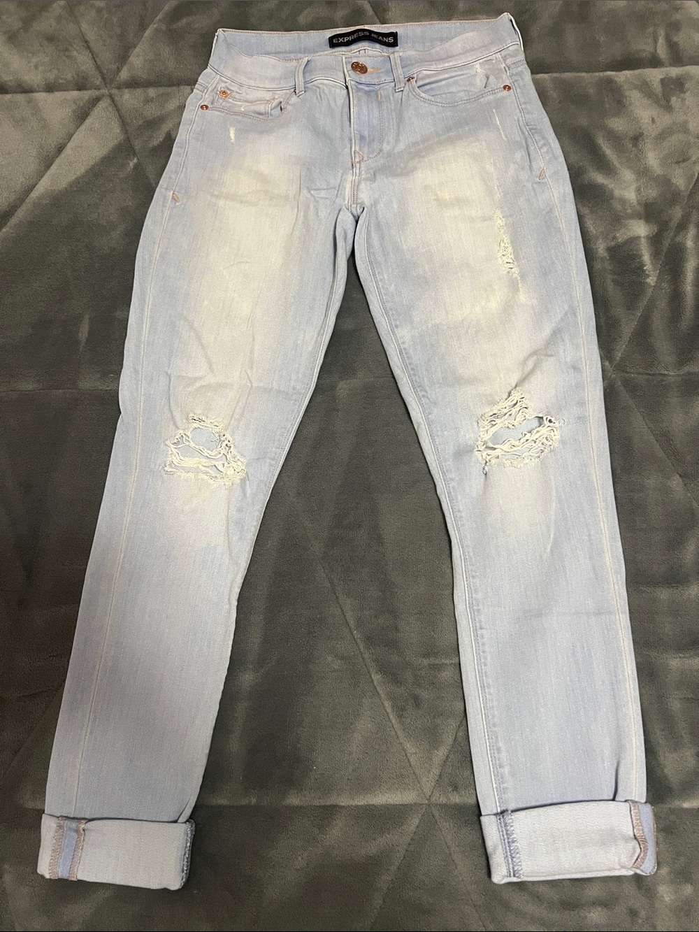 Express Boyfriend Jeans in Faded Light Blue with Distressed Knees